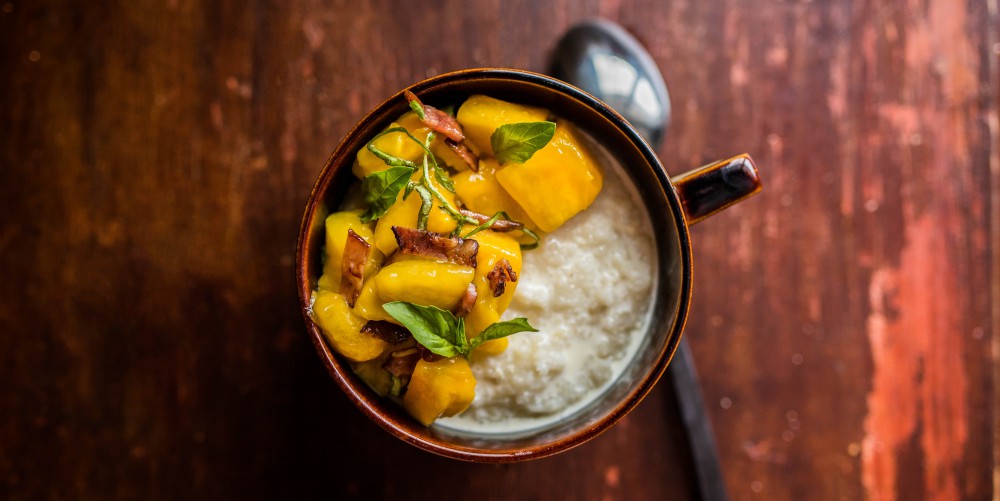 Coconut Grits with Mango Basil Bacon Salsa