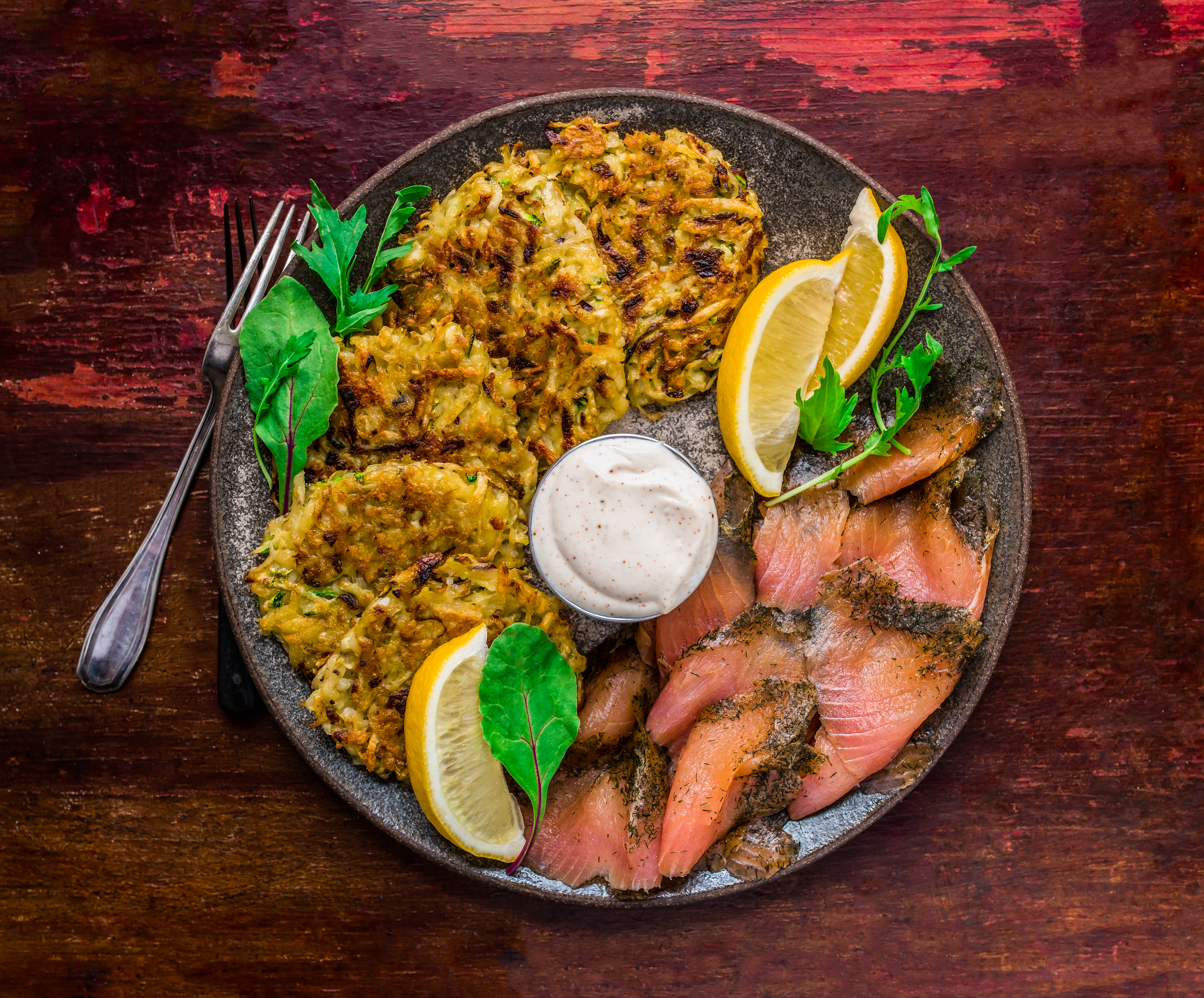 Smoked Salmon with Parmesan Zucchini Hash Browns & Chili Mayo