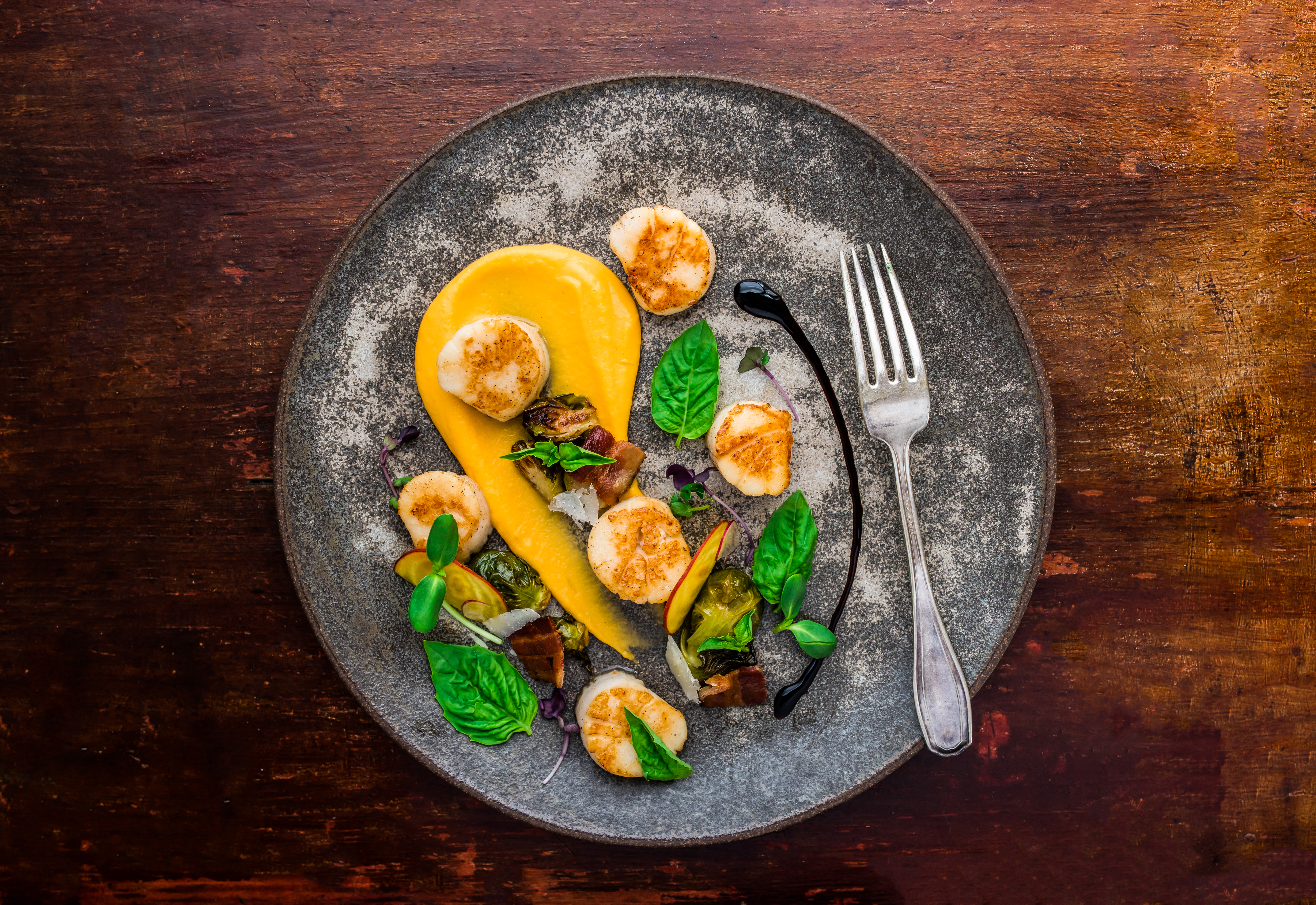 Seared Scallops with Sweet Potato Puree and Maple Bacon Brussels Sprouts