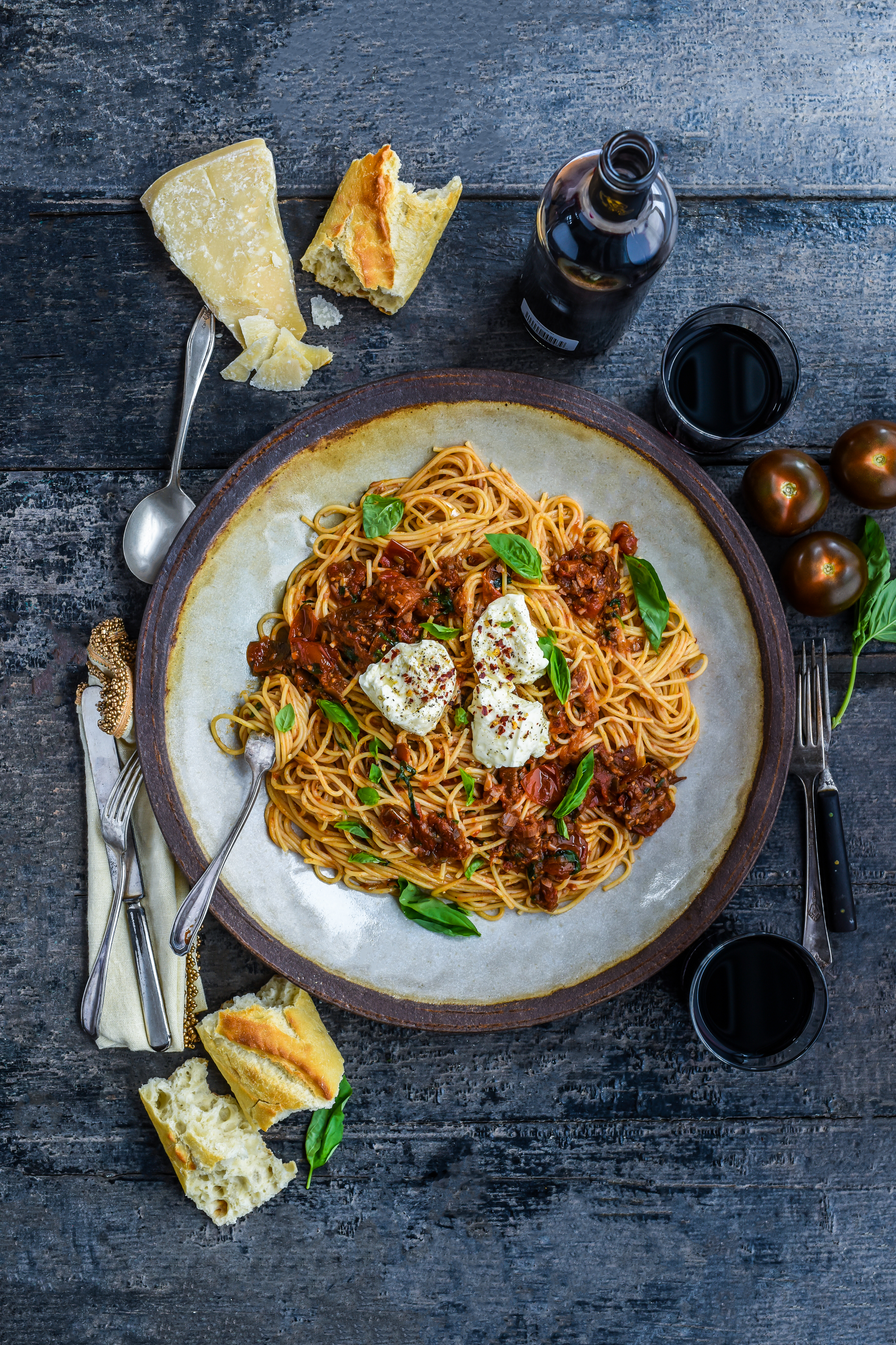 Garlic Chili Kumato Pasta with Fresh Mozzarella