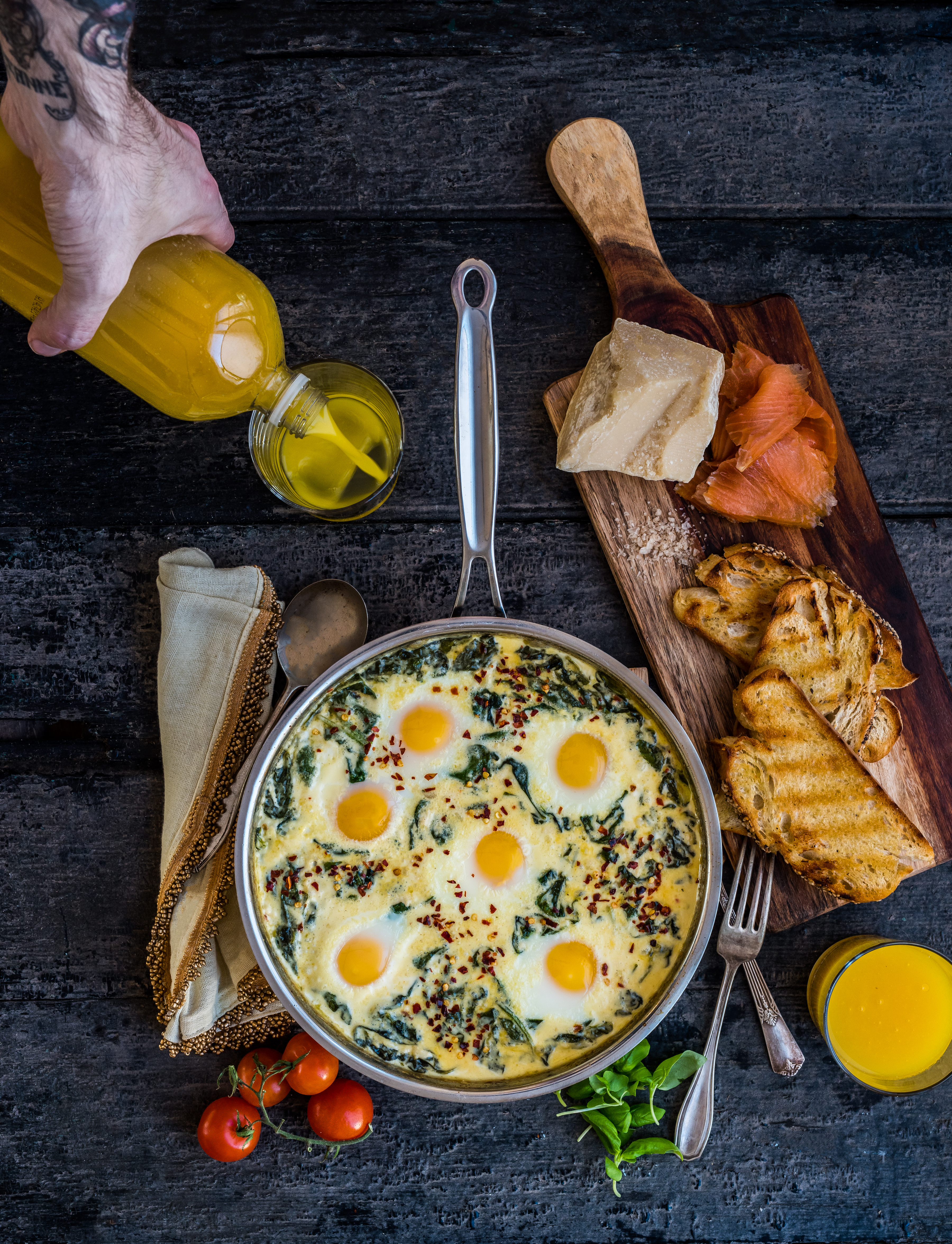 Baked Eggs in Ricotta Parmesan Creamed Spinach