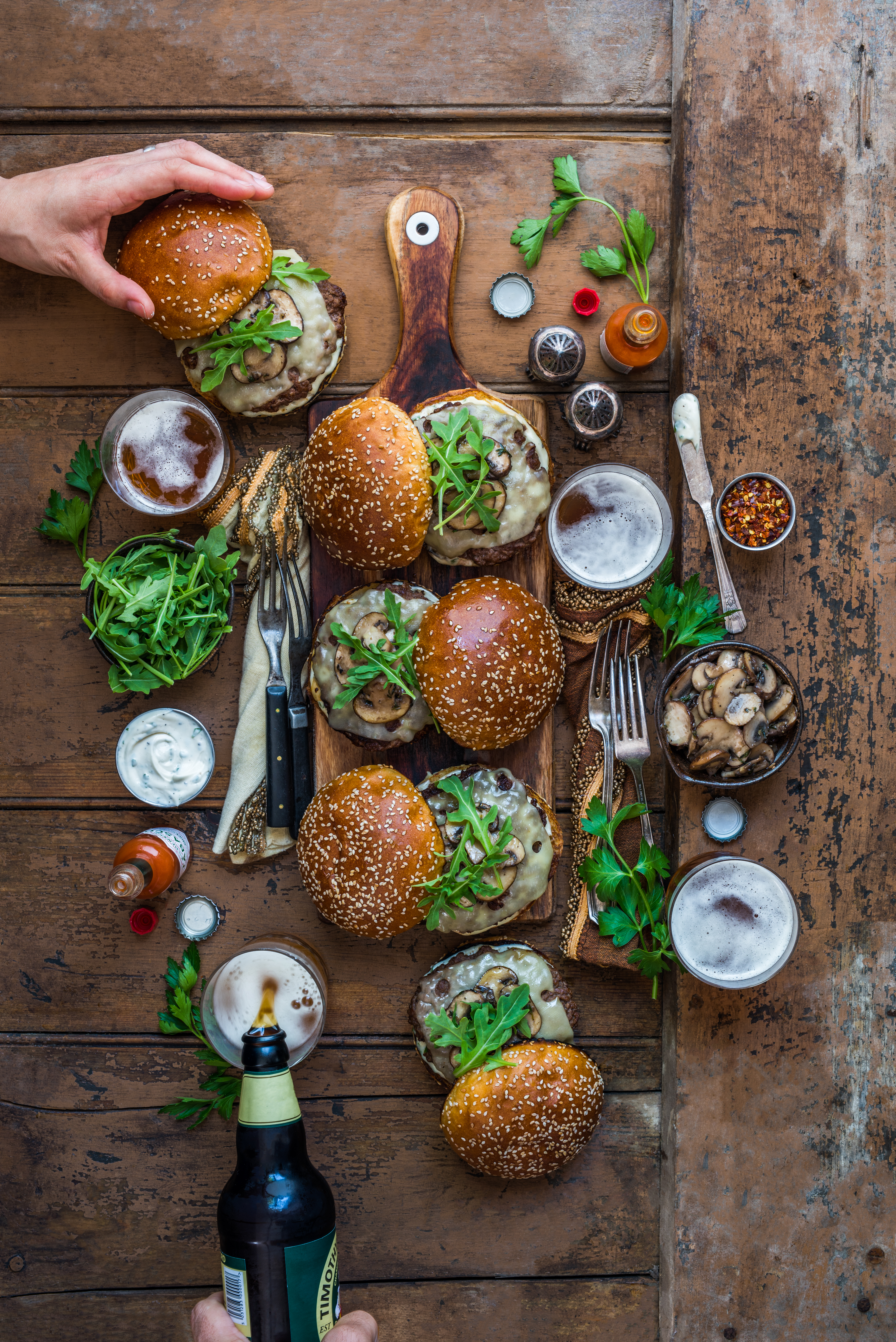 Mushroom Emmental Wagyu Burgers with Herb-Spiked Mayo