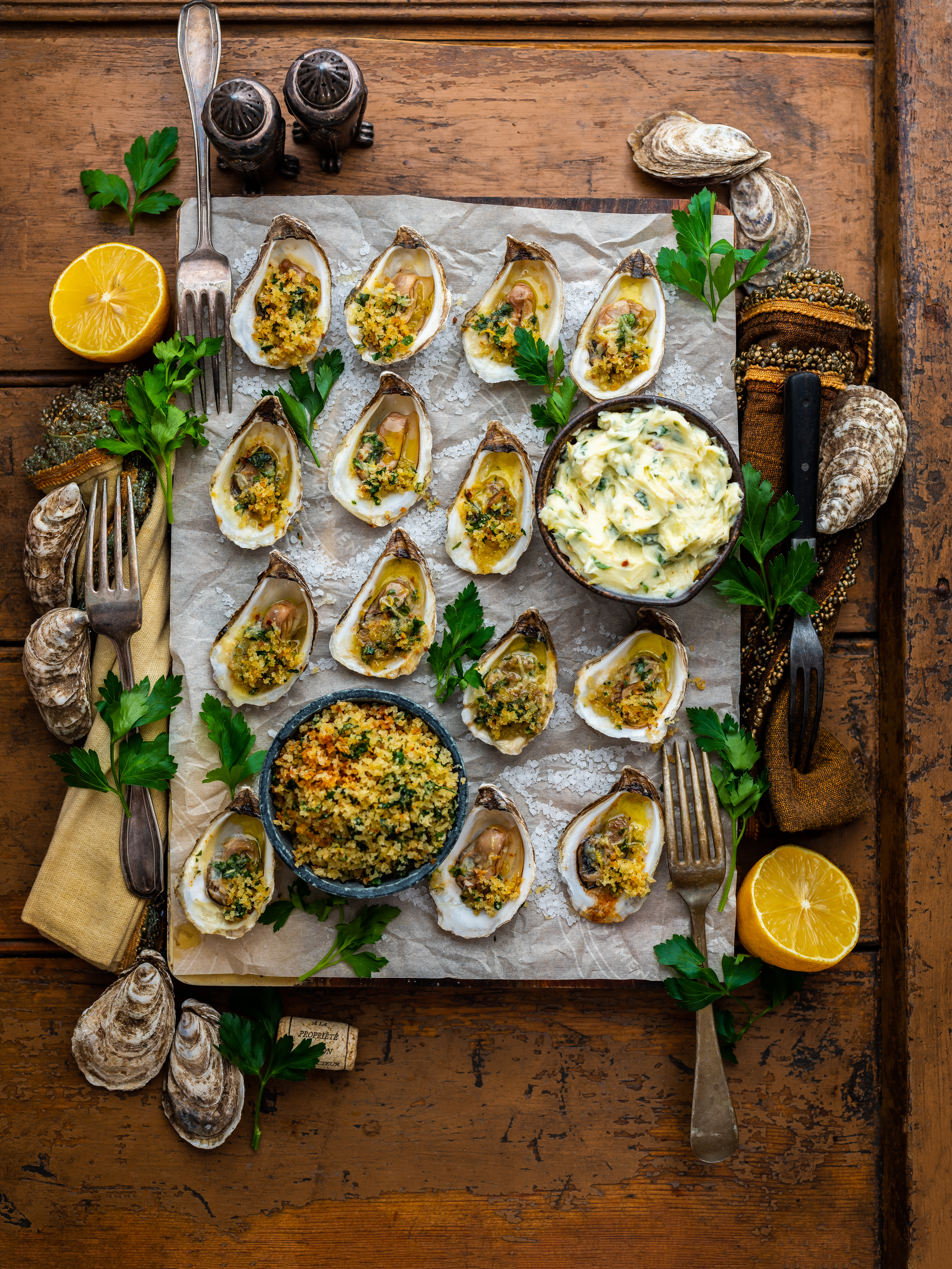 Baked Oysters with Spicy Garlic Compound Butter & Lemon Parm Pangrattato