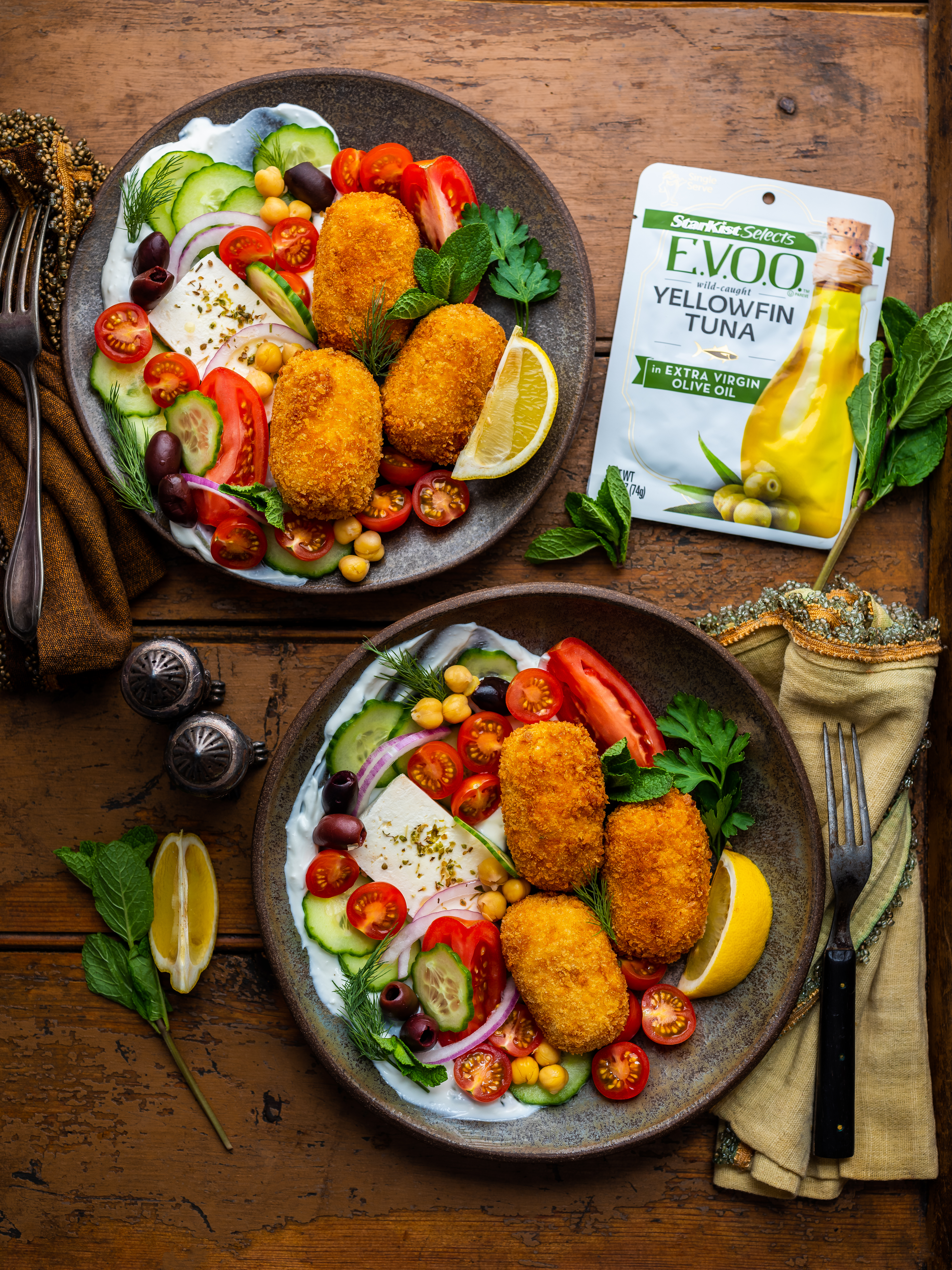 Greek Salad with Tzatziki & Crispy Tuna Croquettes