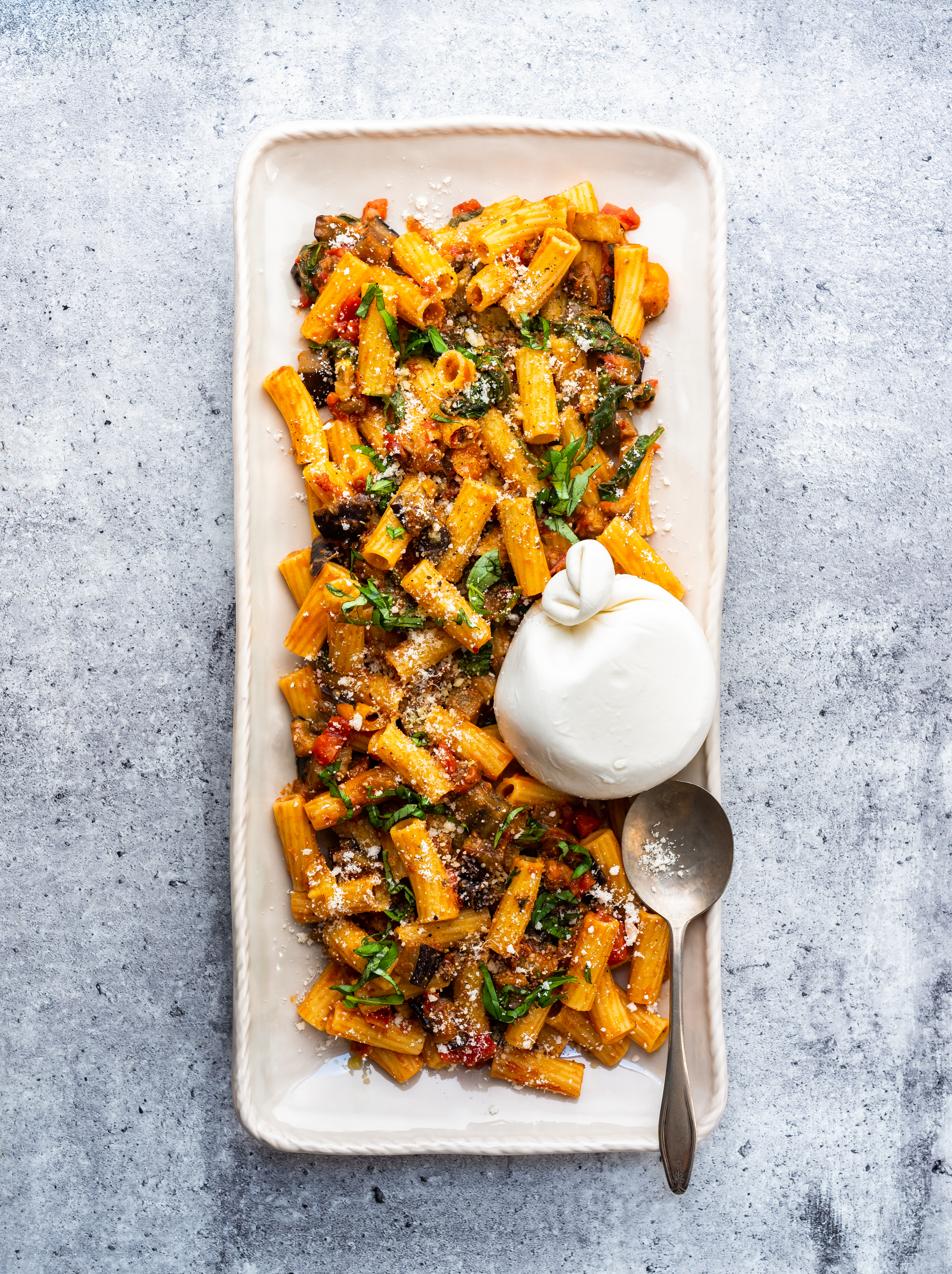 Pasta Alla Norma with Spinach & Burrata