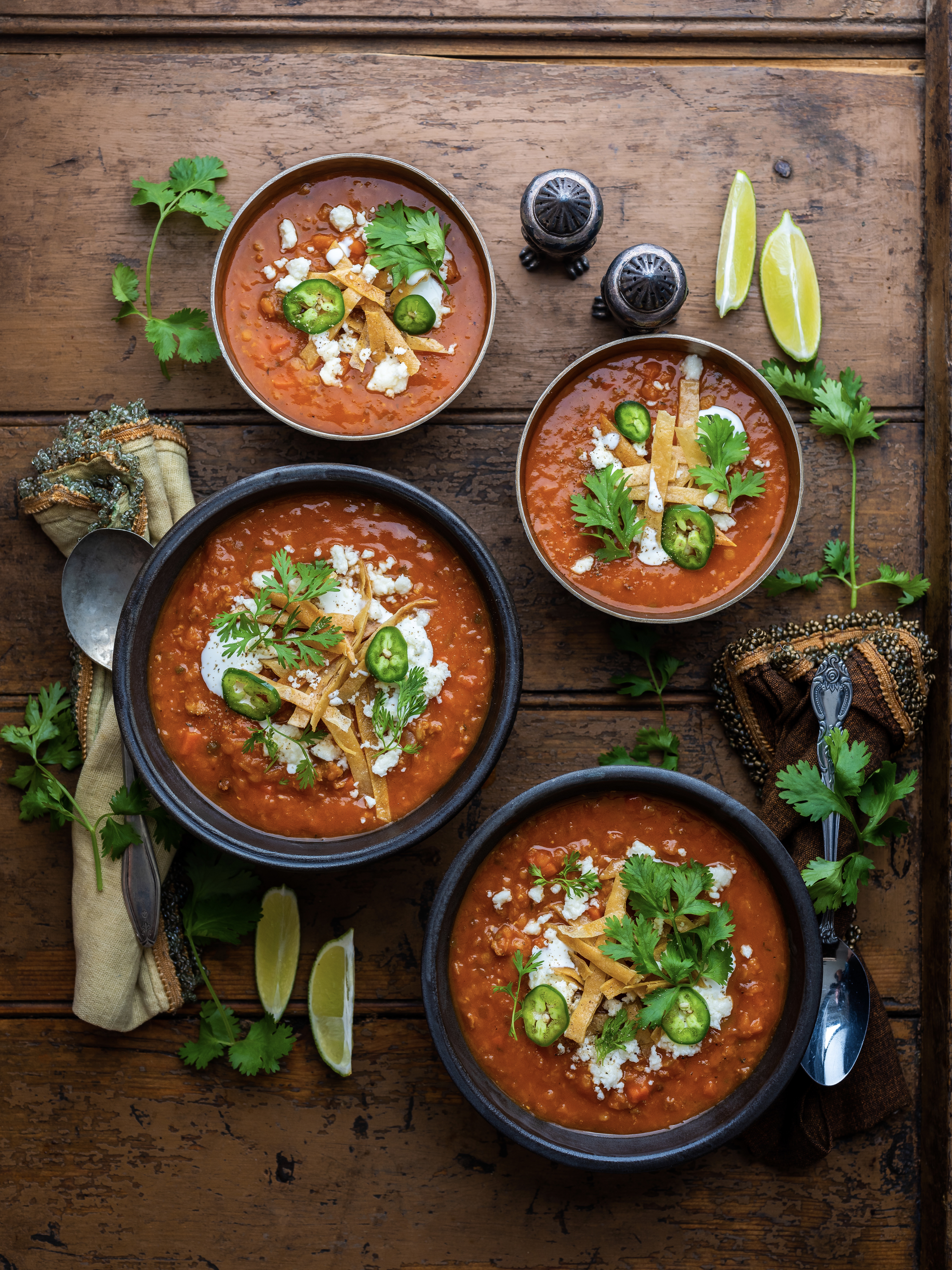 Spicy Lentil & Chorizo Soup with Fried Tortilla Strips