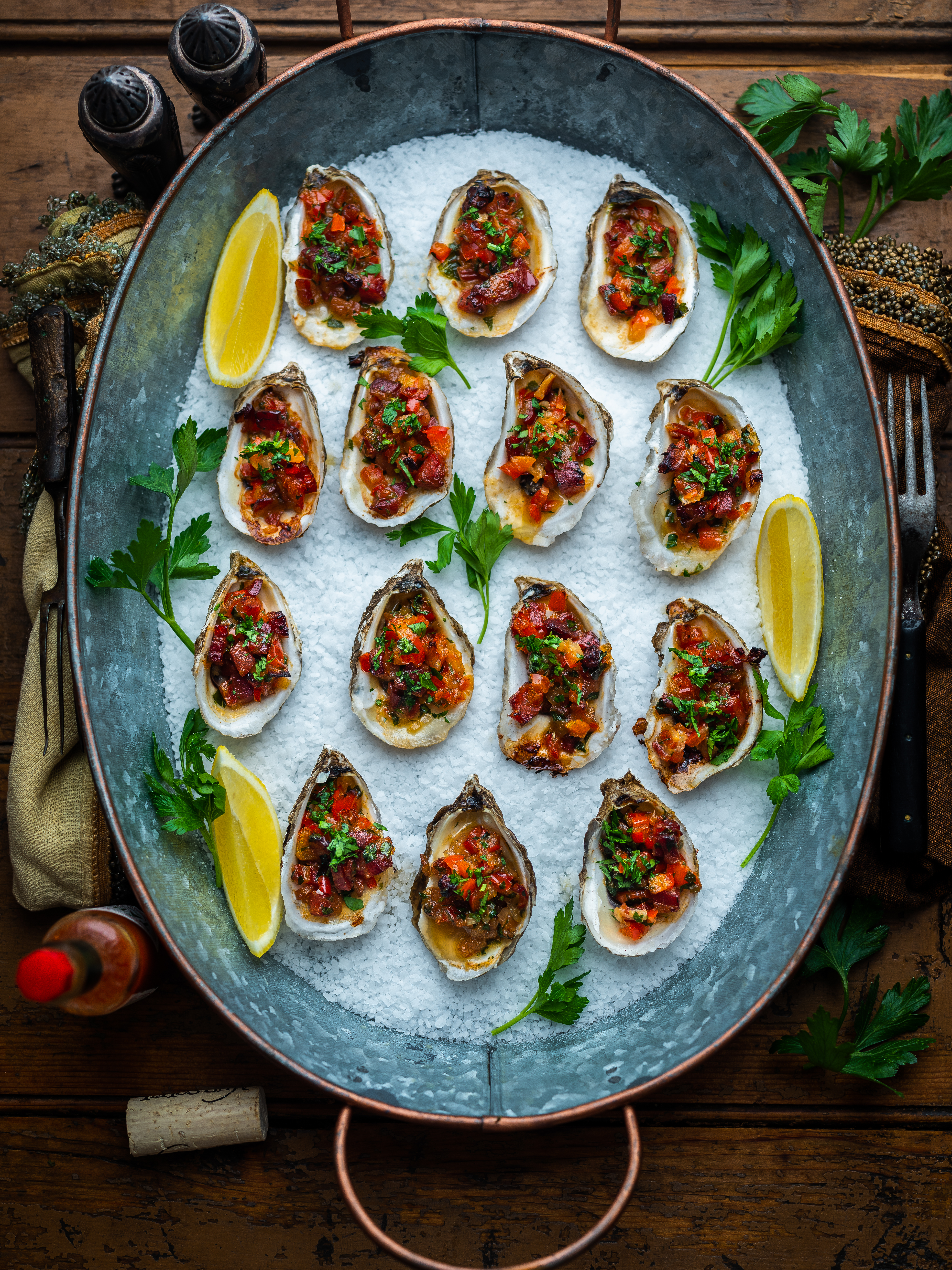 Grilled Garlicky Pancetta & Red Pepper Oysters