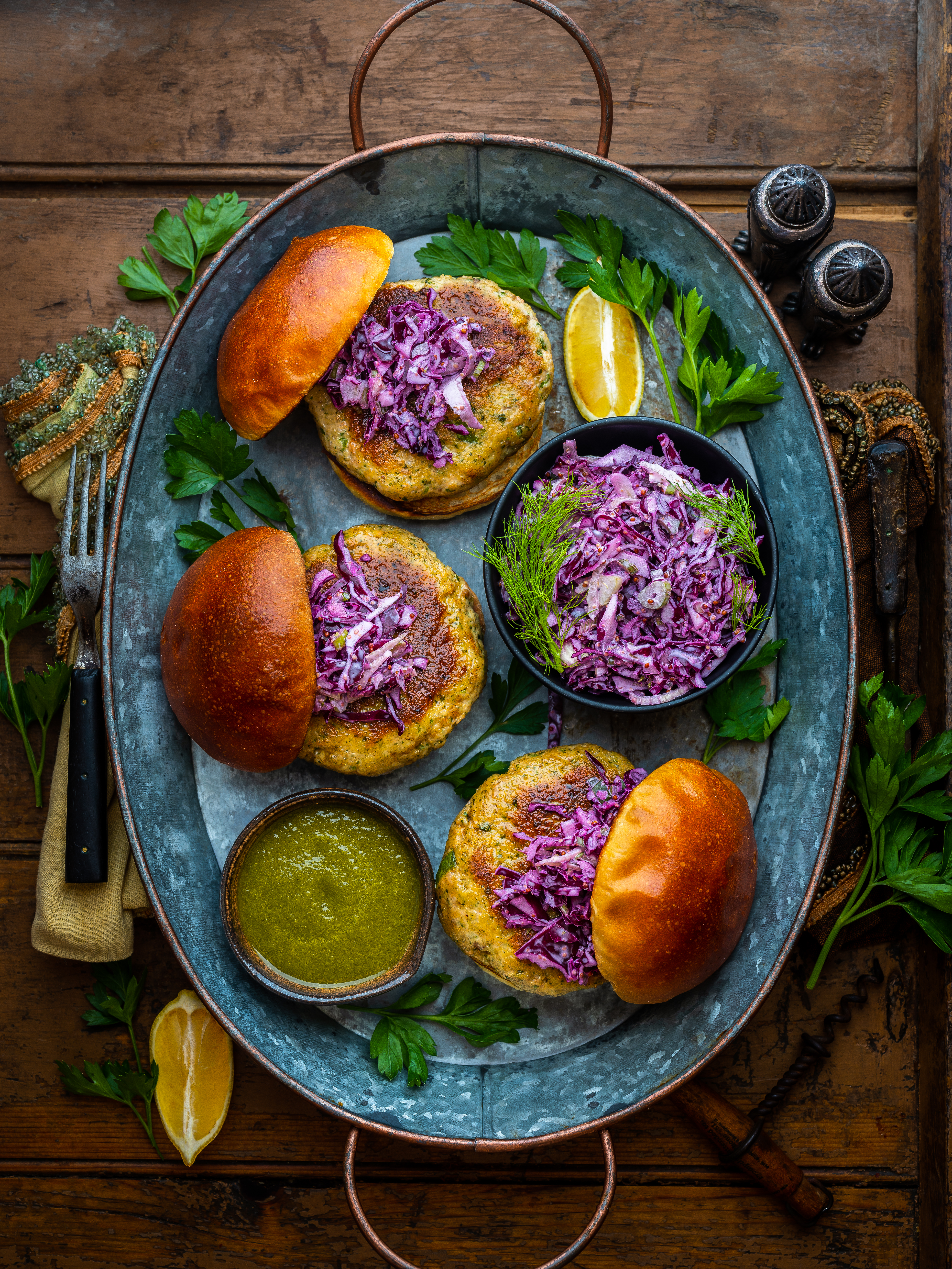 Crispy Salmon Burgers with Fennel Slaw & Basil Vinaigrette