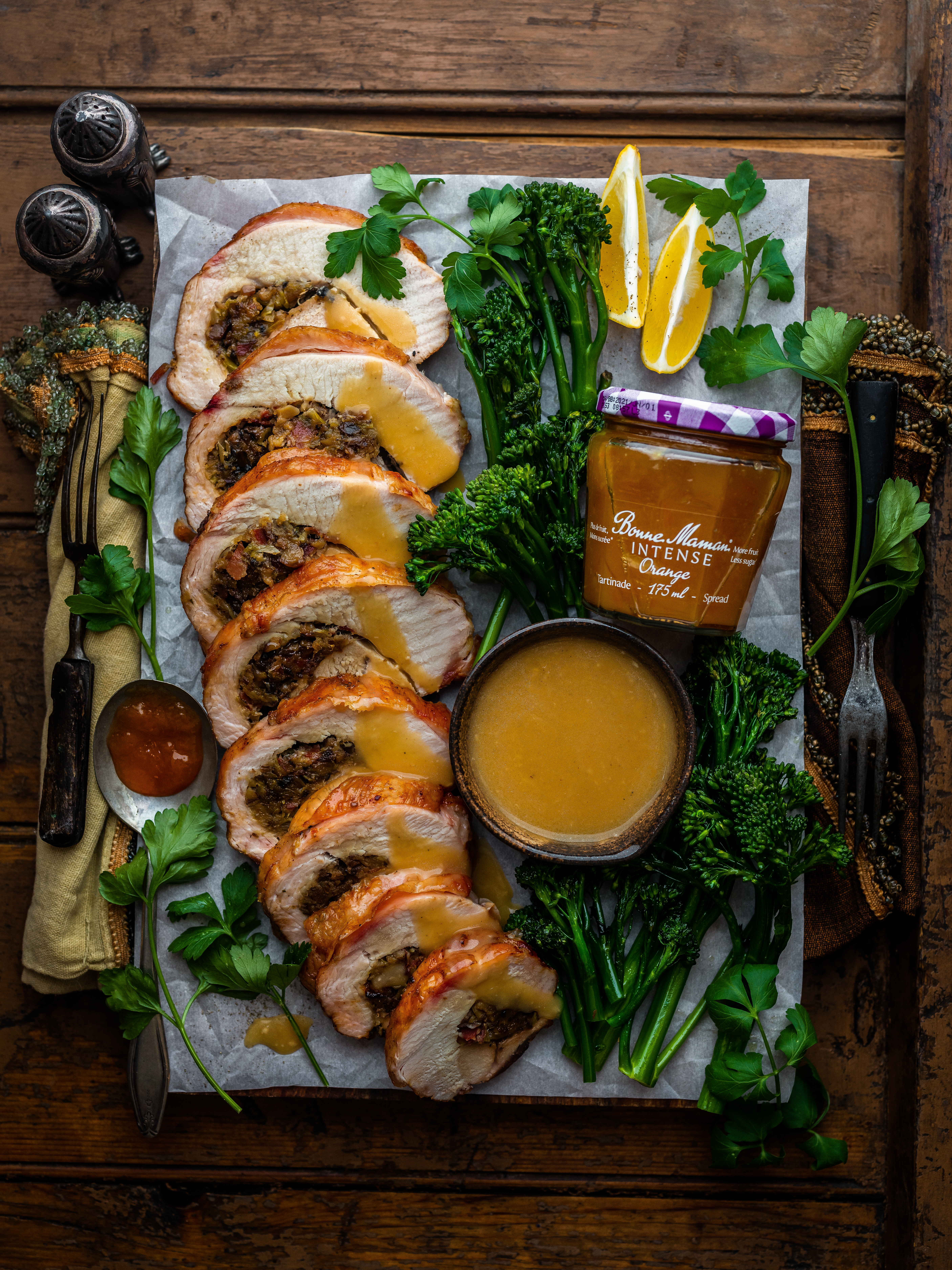 Turkey Roulade with Orange, Leek, & Prosciutto